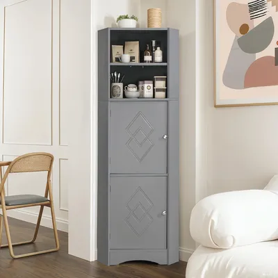 Productafbeelding van Badkast, badmeubel, hoekkast met twee opbergvakken, open vak met verstelbare plank, 36,5 x 36,5 x 155 cm, lichtgrijs