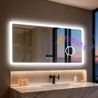 Immagine prodotto di Specchio da bagno a LED con Bluetooth - Specchio da parete rettangolare - Specchio per il trucco con ingrandimento 3x - Antiappannamento - Illuminazione a 3 colori con memoria - Senza cornice - 120 x 70 cm