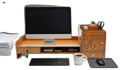 Obrázok produktu pre Držiak na monitor, rozmer 48*20*13,5 cm, výška 9 cm, materiál: drevotrieska, nosnosť 2,5–5 kg, bočné organizéry: 17,5*23 cm
