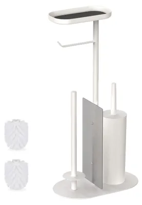 Produktbild von Relaxdays WC Garnitur, HxBxT: 65 x 26 x 17 cm, stehender Klopapierhalter, Klobürste, Ersatzrollenhalter, Ablage, weiß