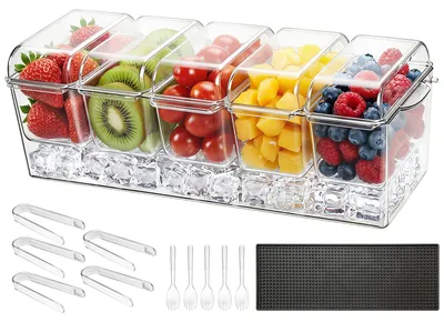 Obrázok produktu pre Nádoba na suroviny s chladením – servírovací stojan s 5 vyberateľnými priehradkami – samostatné veko – ideálne na omáčky, ovocie, prílohy, koreniny – vhodné na párty, do domácnosti, na kemping