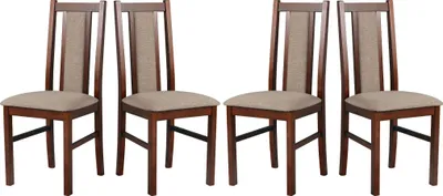 Four dining chairs are arranged in a row against a white background.