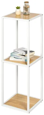 Immagine prodotto di : scaffale a colonna eluno in metallo bianco opaco con 3 ripiani in legno, piedini regolabili in altezza, ideale come libreria, scaffale per il bagno o scaffale per la dispensa, versatile e con ampio spazio per libri, piante e oggetti decorativi