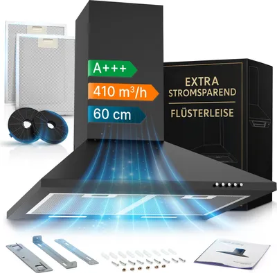 A product shot of a black range hood with various accessories and packaging in the background.