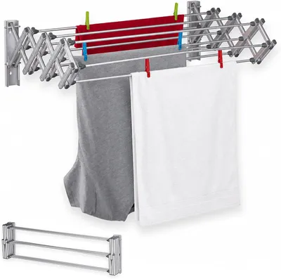 Productafbeelding van Wanddroogrek inklapbaar - 8 m drooglijnen - Uitschuifbaar wasrek muur - Aluminium - 27 x 95 x 60 cm - Zilver