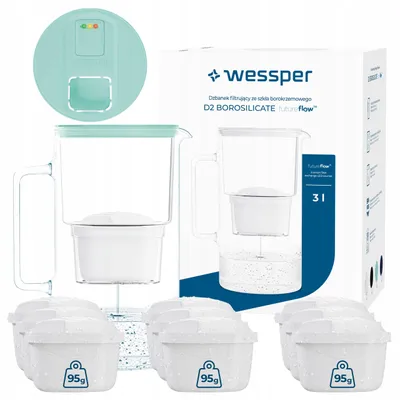 Immagine prodotto di Caraffa filtrante per acqua Wessper D2 BOROSILICATE futureflow™ da 3 L alla menta – con 10 filtri AquaMax