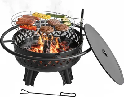 Produktbild von Relaxdays Feuerschale, Ø 80,5 cm, verstellbarer Grillrost, Deckel & Schürhaken, Feuerstelle Garten, Feuerkorb, schwarz
