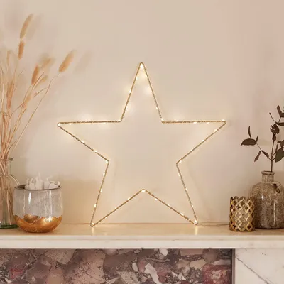 Goldener LED-Stern 35 cm, 40 warmweiße LEDs, Timer, batteriebetrieben