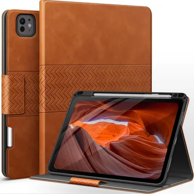 Image de AUAUA iPad Pro 11 pouces M4 (2024) Étui Marron Cuir synthétique Porte-stylo Sommeil/Réveil automatique
