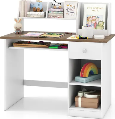 Produktbild von COSTWAY Kinderschreibtisch, Schülerschreibtisch, Studiertisch mit Bücherregal, Tastaturauszug & Schublade, Schreibtisch für Kinder von 3-6 Jahren