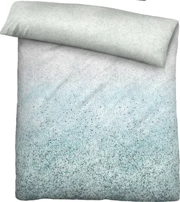 A top-down view of a duvet cover and pillow laid out on a white background.