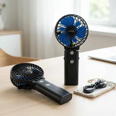 Produktbild von 2er-Set Leistungsstarker Akku Handventilator 5200mAh Powerbank Tischventilator: USB Reiseventilator, 3 Stufen, Tragbarer Mini Ventilator