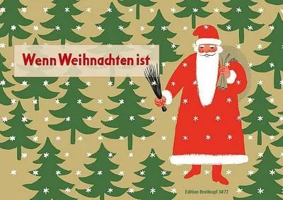A festive Christmas illustration with Santa Claus and Christmas trees.
