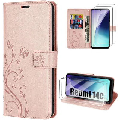 Image de Coque et 2 Verres Trempés pour Xiaomi Redmi 14C, Protection Rabat Antichoc Synthécuir Rose Motif Papillon Fleur
