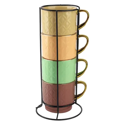 Produktbild von Keramik Tassen Set 340 ml – 4 bunte Kaffeetassen mit Metallständer
