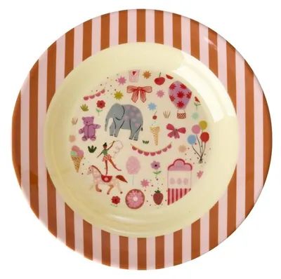 Produktbild von Melamin-Suppenteller – Rosa mit Jahrmarkt-Motiv – Durchmesser 20 cm