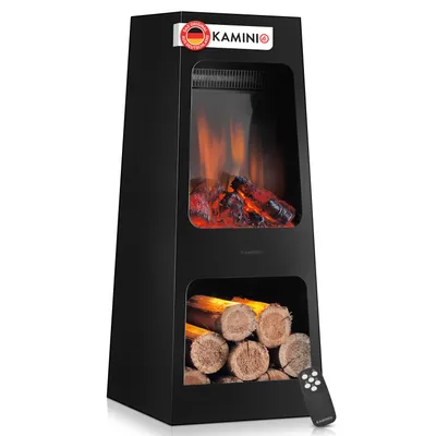 Produktbild von KAMINIO Elektrischer Gartenkamin KAI L - Elektro Terrassenofen mit Heizung, 3D-Flammeneffekt, Holzfach, LED-Ambientelicht, Fernbedienung - Schwarz, KI-generiertes Bild