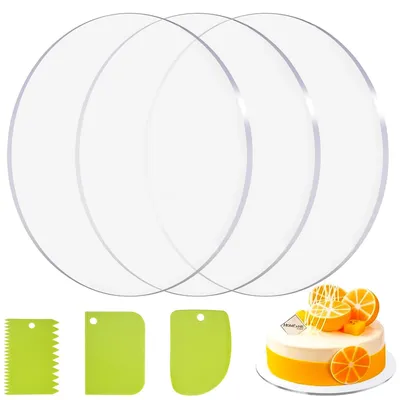 Produktbild von 3-teiliger runder Acryl-Kuchenuntersetzer, 30 cm transparenter Acryl-Kuchenuntersetzer mit 3 Kuchenschabern, antihaftbeschichteter Kuchenuntersetzer, zum Servieren von Kuchen