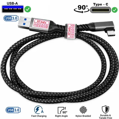 Produktbild von 90 Grad Typ-C Ladekabel USB-A auf USB-C Winkelstecker 3A Nylon USB 3.2