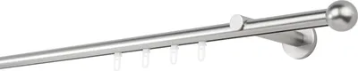 A silver curtain rod with hooks, shown against a white background.
