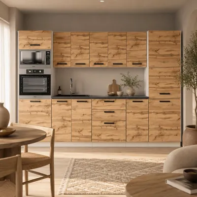 Produktbild von ULWEHOME | Küchenzeile 300 cm Eiche Wotan, Küchenmöbel-Set mit Gerätehochschrank, Vorratsschrank & geteilten Arbeitsplatten 100 cm, KI-generiertes Bild
