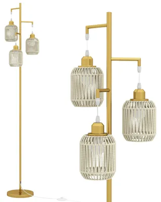 Produktbild von KOMFOTTEU Stehlampe 173 cm, Stehleuchte mit 3 E27 Fassungen & Fußschalter, Leselampe mit Lampenschirm aus Papiergewebe, Standleuchte modern mit Metallsockel für Wohnzimmer & Schlafzimmer (Gold)