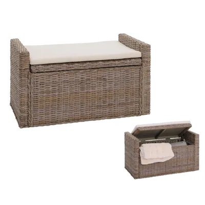 Zdjęcie produktu dla Ławka M92 Ławka do szafy Stołek z miejscem do przechowywania Poduszka Kubu rattan 88cm ~ szaro-brązowy