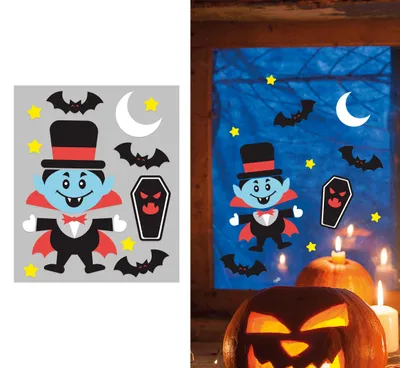Productafbeelding van Halloween decoratie: pompoen, heksenhoed, sterren, vleermuizen, raamdecoraties, seizoensgebonden decoratie, decoratie-ideeën, griezelige feestversiering, enge sfeer, kleur: meerkleurig