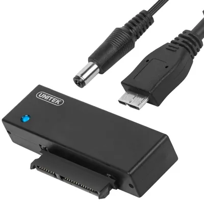 A black UNITEK Y-1039 interface card adapter with attached USB and power cables, shown against a white background.