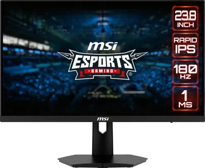A computer monitor displaying a gaming logo and key specifications.