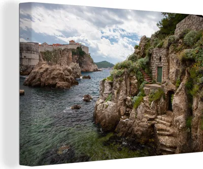 Produktbild von OneMillionCanvasses® - Leinwandbilder - 140x90 cm, Hafen außerhalb der Stadtmauern von Dubrovnik in Kroatien, Wandbilder Kunstdruck Wanddekoration - Foto auf Leinwand - Gemälde auf