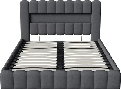 Produktbild von Polsterbett - Doppelbett - Hydraulischer Bettkasten - LED-Beleuchtung - USB-Ladefunktion - Holzgestell - 140x200 cm - Beige Leinenoptik