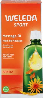 The image shows the front of a product box for Weleda Sport Arnika Massage Oil.