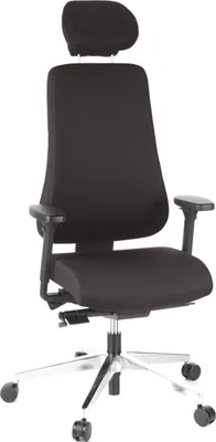 A black ergonomic office chair with a headrest and armrests, shown from the front on a white background.
