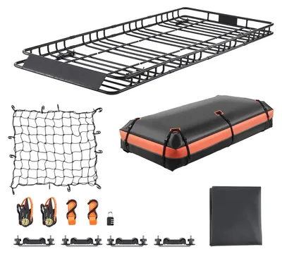Produktbild von Dachträgerkorb für Autodach - 212 x 99 x 10,5 cm - mit Gepäcktasche - 113,4 kg Tragkraft - Zahlenschloss - Gepäcknetz, Ratschengurte und 4 U-Bügel