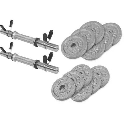 A set of dumbbells and weight plates on a white background.