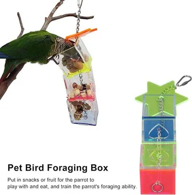 Productafbeelding van Kleurrijke, hangende vogelvoeder van acryl, geschikt voor papegaaien en andere exotische vogelsoorten.