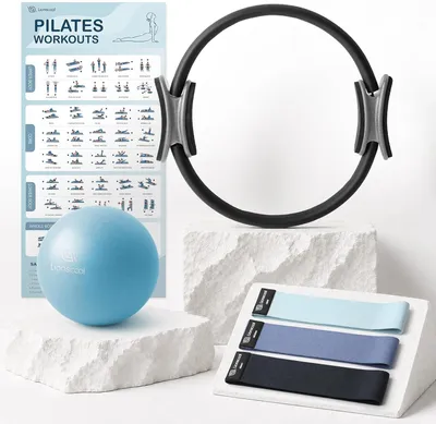 Obrázek produktu pro Pilatesový kruh, sada 36 cm, černý, včetně mini míčku, odporových gum, návodu a tašky, pro fitness
