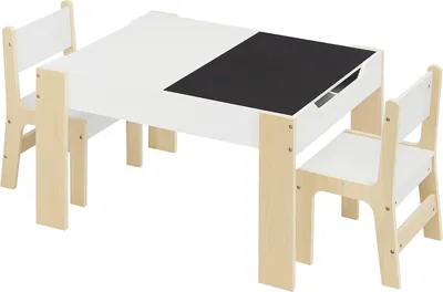 Produktbild von Eugad Kindersitzgruppe, MDF Weiß-Holzoptik, 2 Stühle mit 4 Staufächern, Tisch 81.5x48x60.5 cm (BxHxT), wendbare Tafel-Tischplatte, abgerundete Ecken, Fingerschutz, Umweltfreundlich (E1), Tisch 20kg / Stuhl 50kg belastbar.