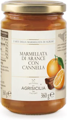 Immagine prodotto di Marmellata di Arance con cannella, vaso da 360g, con agrumi 100% Siciliani dal sapore speziato, ideale per colazione e merenda