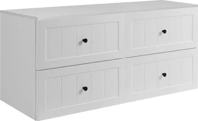 A white bathroom vanity cabinet with four drawers.