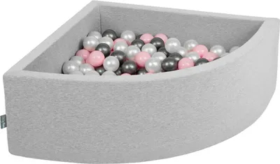 Zdjęcie produktu dla KiddyMoon suchy basen trójkątny z piłeczkami 7cm jasnoszary: perła-pudrowy róż-srebrny 90x30cm/300piłek zabawka basen piankowy