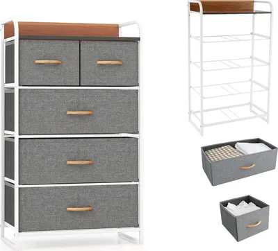 Immagine prodotto di Comò KOMFOTTEU con 5 cassetti estraibili e pieghevoli, comò in tessuto, comò in tessuto con struttura in metallo, mobile contenitore per soggiorno e ufficio, 58 x 30 x 100 cm