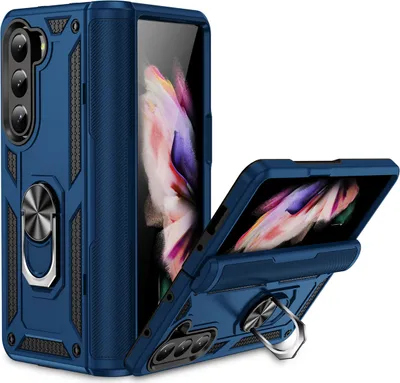 Image de Étui pour Samsung Galaxy Z Fold 5 étui de protection militaire double couche avec support d'anneau et support bleu