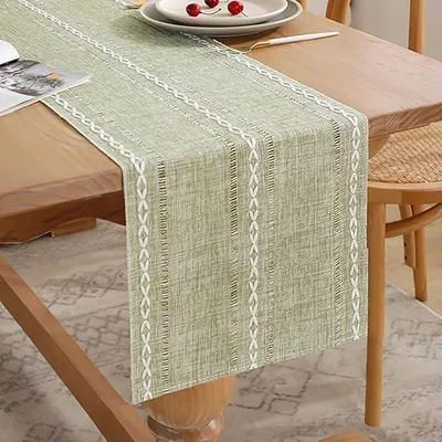 Produktbild von PolkaHome® Tafelloper Salbeigrün 33x183 cm – Modernes Tischläufer aus Baumwolle/Leinen, Waschbar, Vintage Tischdeko für Wohnzimmer,