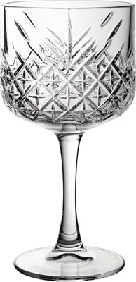 A clear, studio shot of a single crystal-cut glass on a white background.
