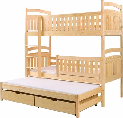 Produktbild von KEF Sofia Etagenbett Kinder Etagenbett 3 Personen Holz Kinderbett mit Schubladen ohne Matratze Beige Leiter Links 80x190 cm