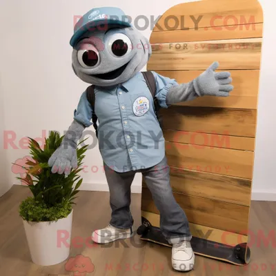 Obrázok produktu pre Šedá postava maskota spoločnosti REDBROKOLY jazdí na skateboarde a má na sebe košelu a kravatu v štýle chambray