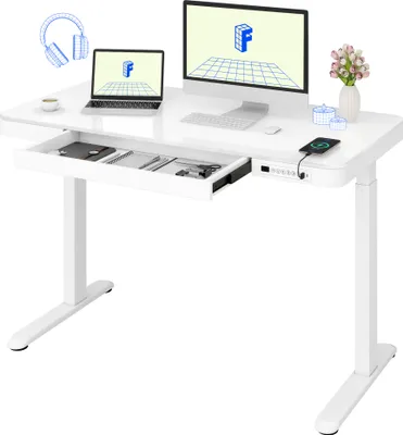 Produktbild von FLEXISPOT Elektrisch Höhenverstellbarer Schreibtisch mit Glasplatte, Schminktisch mit Schublade & Type-C- und Type-A-Anschluss (120x60cm, Weiß)