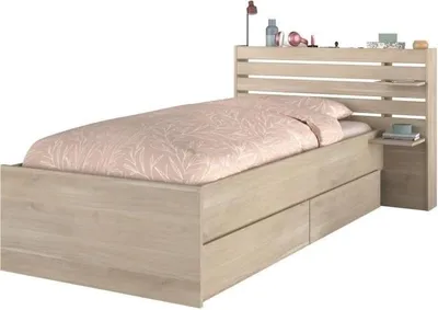 Productafbeelding van Bett, kinderbed ESCALE 90x190/200 cm, eikenhoutlook, met hoofdeinde en 2 lades, L121,5 x H88,6 x B216,8 cm